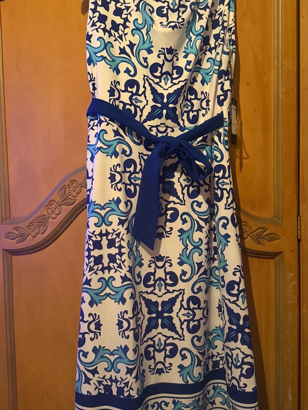 Investments Blue & White Printed Sleeveless Midi Dress with Navy Sash - Picture 2 of 10